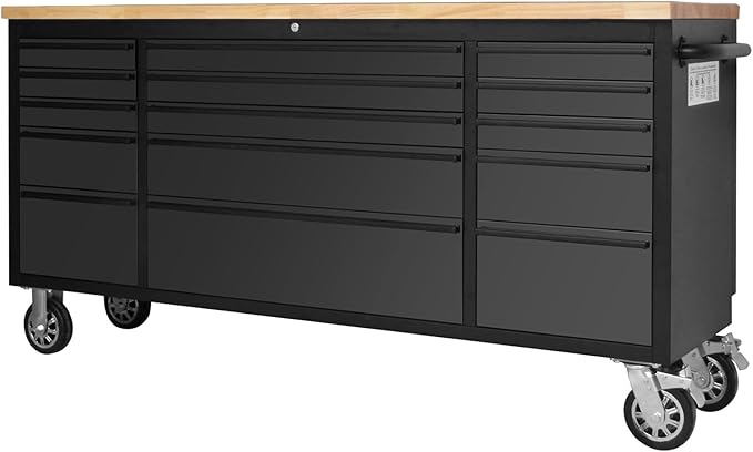 GarveeTech 72 Inch Heavy-Duty Rolling Tool Chest & Mobile Workbench with 15 Drawers, Rubber Wood Tabletop, Locking System, Drawer Liners and Wheels, Steel Storage Cabinet for Garage, Workshop, Black