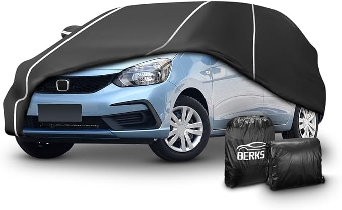 Fluorescent Strip Design Waterproof Car Cover Compatible for Honda Fit 2009-2020 All Weather 6 Layers Full Car Cover Safe Parking at Night with Storage Bag