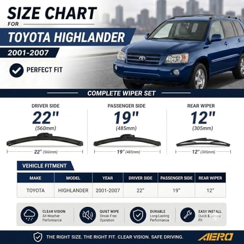 AERO Wipers Replacement for Toyota Highlander 2007 2006 2005 2004 2003 2002 2001, 22"+19" Front + 12" Rear, All-Season Windshield Wiper Blades with Extra Squeegee Refills + 1-Year Warranty (Set of 3)