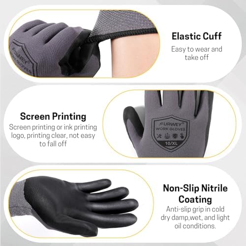 FURWEY Work Gloves, 16/32Pairs Nitrile, Seamless Nylon Knit