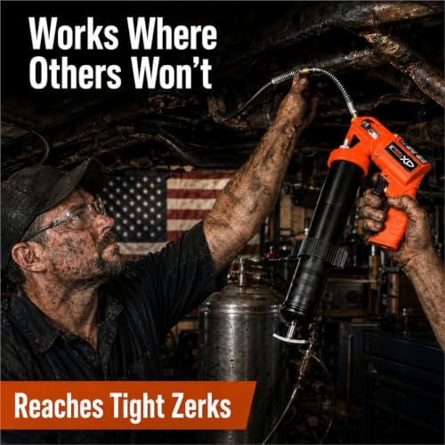 K Tool International XD73901 Pneumatic Grease Gun, Pistol Grip with 30" Flexible Hose and Coupler, Angled Ergonomic Design, Bulk Loader Head with Air Bleeder, 14 oz Cartridge or 500 cc Bulk Fill