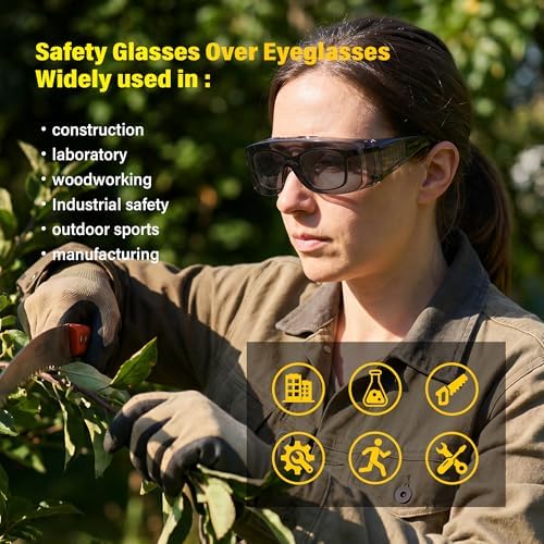 Safety Glasses Over Eyeglasses 12 Pack, ANSI Z87.1 Safety Goggles Over Glasses, UV Protection Tinted Lenses, Anti Scratch Protective Eyewear for Lab, Construction, Outdoor Work