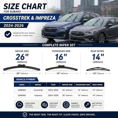 AERO Wipers Replacement for 2024 2025 2026 Subaru Crosstrek & Impreza, 26"+16" Front + 14" Rear, All-Season Windshield Wiper Blades with Extra Squeegee Refills + 1-Year Warranty (Set of 3)