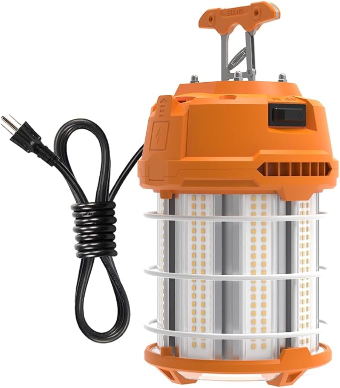 HYPERLITE LED Temporary Work Light 100W 12500LM 300W HID/HPS 5000K, Portable LED Jobsite Light with Stainless Steel Safety Guard and Sturdy Hook for Construction Sites, Workshop(with an ON/OFF Switch)