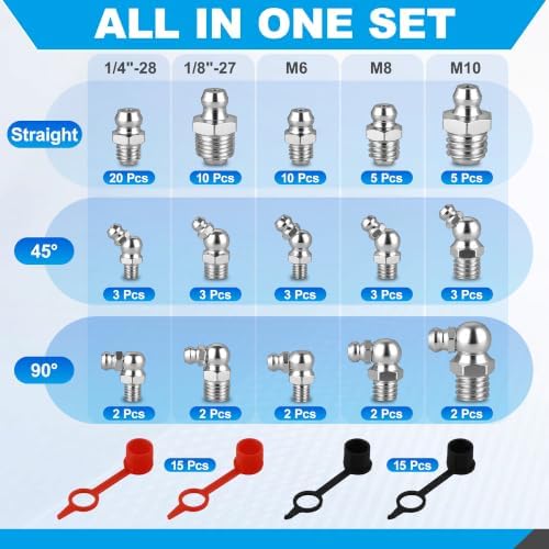 105pcs Grease Fittings Kit, Metric & SAE Zerk Grease Fittings Assortment