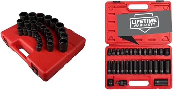 Sunex 2826 1/2-Inch Drive 12-Point Metric Impact Socket Set, 26-Piece and Sunex 3330, 3/8" Drive Master Impact Socket Set, 12 Pt., 29Piece, Metric, 8mm-22mm, Standard/Deep, Cr-Mo Steel, Heavy Duty Storage Case, Includes Universal Joint Bundle