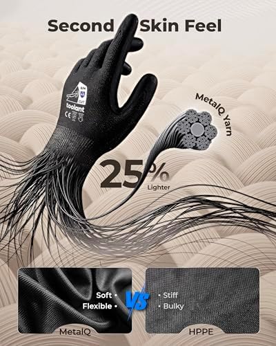 toolant ComfyCut A5 Cut Resistant Work Gloves, ANSI & EN388 Certified Protection with Second Skin Comfort, Fiberglass-Free, Touchscreen & Flexible Grip, for Woodworking, Warehouse, Assembly, Medium