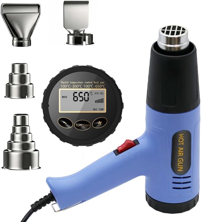 Digital Display Heat Gun, Temperature Setting 212 ℉~1202 ℉ (100 ℃ and 650 ℃), Fast heating tool Hot Air Gun, With four nozzles and Overload protection, Used for vinyl wrapping and shrink tubing