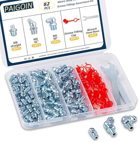 M6 Metric Grease Fittings - 82PCS Zerk Fittings Kit with Caps and Wrench Straight 45 90 Degree Angled Grease Nipples