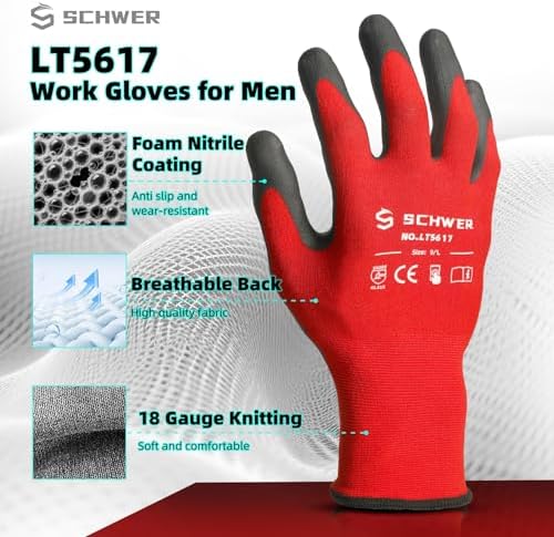 Schwer Ultra-Comfort Safety Work Gloves MicroFoam Nitrile Coated, Seamless Knit Nylon Glove for Men and Women, 6/12 Pairs, Abrasion Resistant, Non Slip, Breathable, LT5617, M