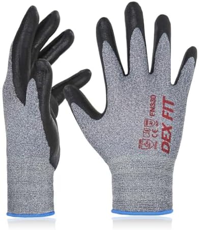 DEX FIT Nitrile Work Gloves FN330, Grey XS, 1 Pair, 3D-Comfort Stretchy Fit, Firm Grip, Thin & Lightweight, Touch-Screen Compatible, Durable, Breathable & Cool, Machine Washable