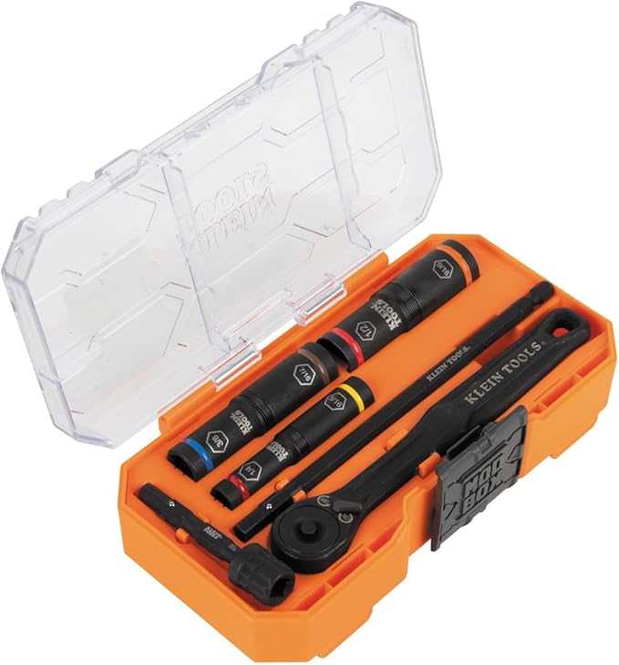 Klein Tools 65238 KNECT Impact Socket Set, Deep Depth with Wrench, 3 Heavy-Duty Color Coded Flip Sockets, 6 SAE Sizes, Ratchet, Adapter and MODbox Case