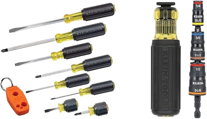 Klein Tools 85148 9-Piece Screwdriver Set and 32910 7-in-1 Impact Flip Socket Set with Handle