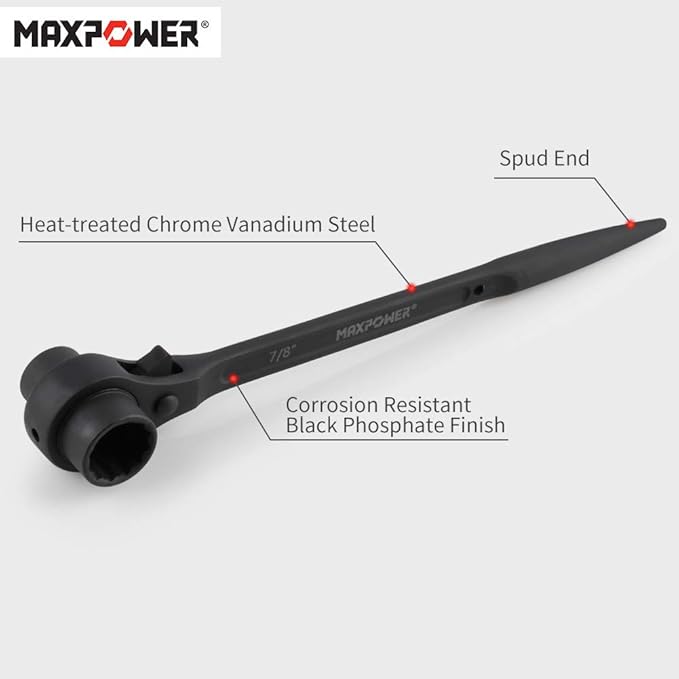 MAXPOWER 2PCS Scaffold Wrench Set, Dual Socket Scaffold 7/8 inch x 3/4 inch, and Metric 17 mm x 19 mm Spud Ratchet Scaffolding Tool