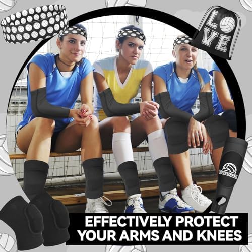6 Pcs Volleyball Knee Pad and Arm Sleeve Volleyball Accessories Protection Equipment Stuff Forearm Elbow Sleeve Wrist Guard with Protection Pad and Thumb Hole for Women Men Training