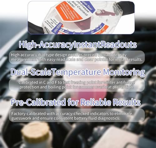 Professional Automotive Antifreeze Tester, Dial Type Car Coolant Tester for Understanding The State of Coolant, Battery Hydrometer for Testing Hot or Cold Batteries on 6V/12V/24V Systems
