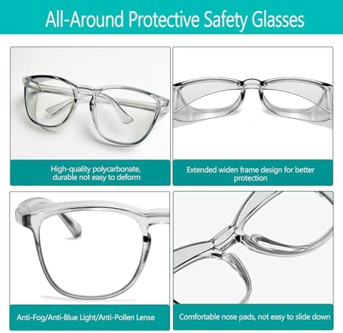 Feaglo Safety Glasses, Anti Fog Safety Goggles for Women Men, Blue Light Blocking Stylish Eye Protection Glasses Side Shield