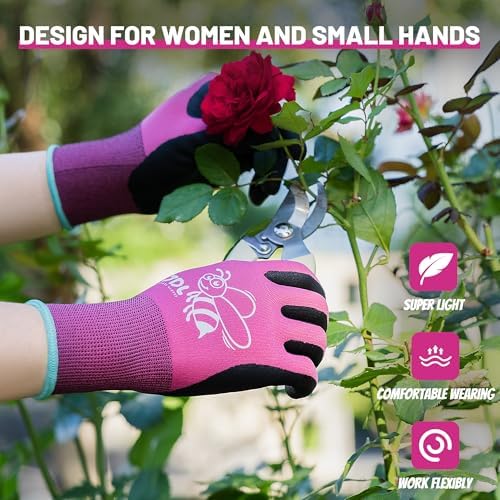 JDL 12 Pairs Nylon Nitrile Coated Gardening Gloves for Women, Touchscreen Yard Garden Gloves, Breathable Safety Work Gloves with Grip, Pink, Large