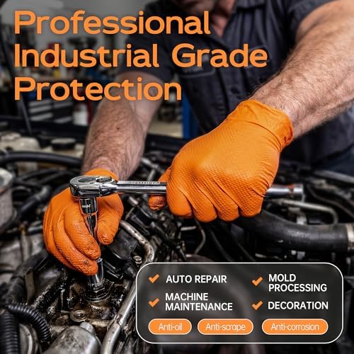 HEAVY DUTY 8 Mil Orange Nitrile Gloves, Diamond Textured Disposable Industrial Mechanic Rubber Gloves 1000PCs
