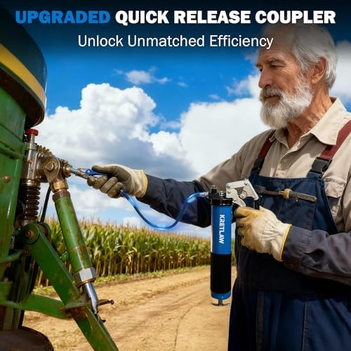 KRETLAW Grease Gun, 7000 PSI Heavy Duty Professional Pistol Grip Grease Gun Kit 14 OZ with Coupler, Double Grease Injector Needles, 18" & 2pc 12" Flex Hoses and Reinforced Glove