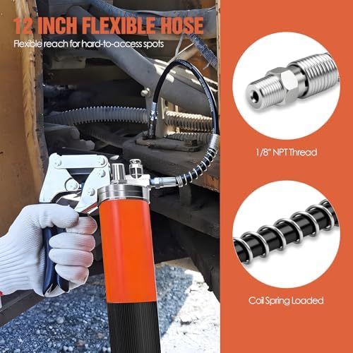 TRILINK Grease Gun Coupler Kit – 8PCS Grease Gun Accessory Set with Quick Release Coupler, 90° Adapter, 12” Flexible Hose, Grease Gun Nozzle, Narrow Needle Nozzle, 2 Injector Needle Tips & Cleaner