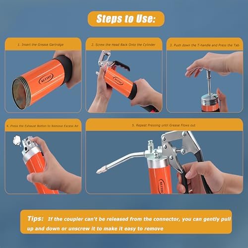Grease Gun Kit with Quick Release Coupler,Professional 9000 PSI 14oz Heavy Duty. Leak-Proof Greese Gun with 1 Spring Flex Hose,2 Hose,1 Sharp Nozzle,1 Lock Coupler,1 Rigid Pipe