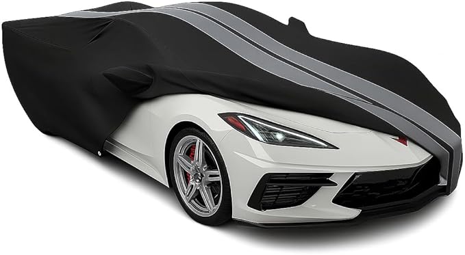 SR1 Performance USA C8 Corvette Car Cover Outdoor 2020–2026 – Custom Fit Stingray Z06 Z51 E-Ray, Water Resistant Breathable, UV Protection, Wind Secure & Storage Bag (Black with Gray Stripes)
