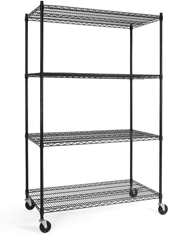 Simple Deluxe 4-Tier Heavy Duty Adjustable Storage Shelf with Wheels, 23.23”W x 17.63”D x 47.24”H, Wide Mobile Metal Shelving Unit, Easy Assembly for Living Room, Office,Black