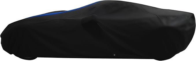 SR1 Performance USA C7 Corvette Car Cover - Custom Fit Indoor/Outdoor UV & Rain Protection - Ultraguard 300 Denier High End for 2014-2019 Stingray, Z51, Z06, Grand Sport (Black with Blue Stripes)
