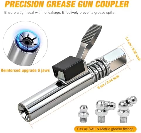 GOOACC Grease Gun Coupler Set 12000 PSI Quick Release and Locking Grease Gun Tips & 12" Spring Flex Hose, Compatible with 1/8" NPT Grease Guns Fitting Single Handle Grease Coupler for Easy Lubrication