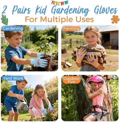 HANDLANDY 2 Pairs Kids Gardening Gloves, Grippy Kids Work Gloves, L