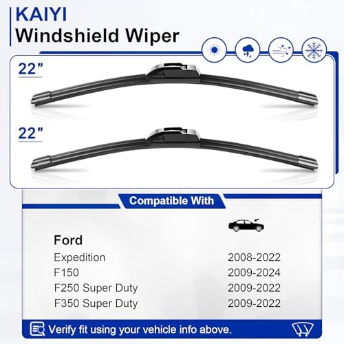 KAIYI 22" + 22" Windshield Wipers Compatible with Ford F150 2009-2024,F250/F350 Super Duty 2009-2022,Ford Expedition 2008-2022 Premium Automotive Replacement Windshield Wiper Blades 2 Pack