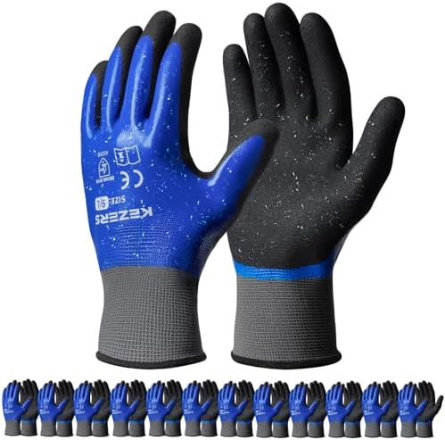 KEZERS Waterproof Work Gloves,12 Pairs Nitrile Coated Gloves for Men & Women,Non-slip Working Gloves for Garden Outdoor