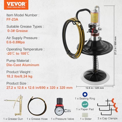 VEVOR Grease Pump, Air Operated Grease Pump with 13 ft High Pressure Hose and Grease Gun, Pneumatic Grease Pump with Barrel Cap, Portable Lubrication Grease Pump 360° Gun Head
