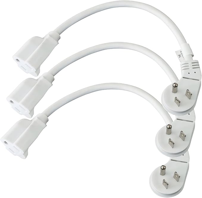 EP 3 Pack 1 Ft Flat Plug Extension Cord, 16 AWG 3 Prong Grounded White Low Profile Extension Cable for Indoor