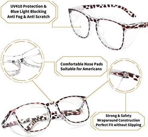 Alsenor Safety Glasses Anti Fog Goggles Protective Eyewear Blue Light Blocking Anti Dust UV Protection Glasses For Men Women (2 Pack(new-leopard+new-grey))