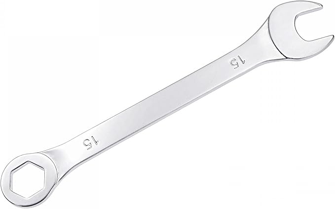uxcell Thin Combination Wrench with Offset 6-Point End and Angled Open End, Metric Mirror-Chrome Plated High Carbon Steel, for Household Repairs, 15mm