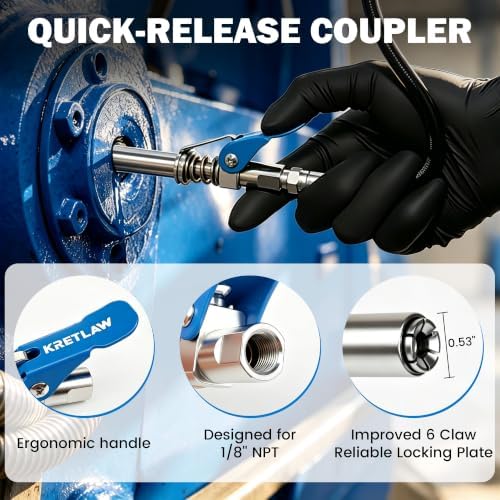 KRETLAW 8-Piece Grease Gun Fittings Kit with 90 Degree Grease Gun Coupler Adapter, 18-Inch Flexible Grease Gun Hose, Grease Gun Tips, Grease Zerk Cleaner, fits All 1/8" NPT Grease Guns