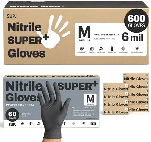SUPER+ Black Nitrile Gloves HEAVY DUTY 6 Mil Disposable Chemical Resistant Powder & Latex Free Medical Food Safe, 60/600 Ct