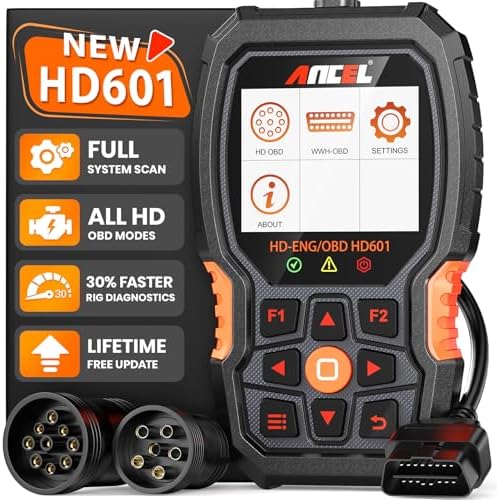 ANCEL New HD601 Heavy Duty Truck Scanner, Diesel Full System Diagnostic Scan Tool Fits for Cummins, Detroit, Volvo, Paccar & Caterpillar, 2 in 1 HDOBD & OBD2 Code Reader for Commercial Vehicles & Cars