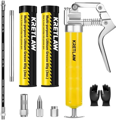 KRETLAW Mini Grease Gun (3000PSI) with Double 3oz Cartridge Grease and 12'' Flex Hose, Reinforced Coupler for Automotive, Yellow