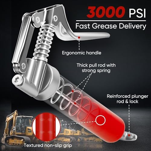 KRETLAW Mini Grease Gun (3000PSI) with Double 3oz Cartridge Grease and 12'' Flex Hose, Reinforced Coupler for Automotive, Red