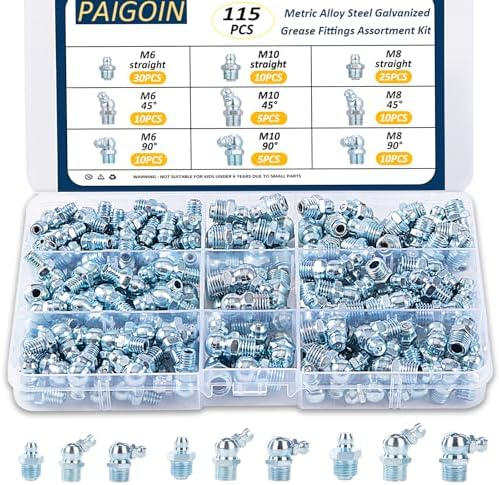 115PCS Metric Grease Fittings Assortment, M6 M8 M10 Straight & Angled(45,90 Degree) Grease Zerk Fittings Kit for Mechanical Lubrication