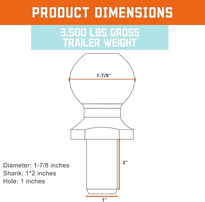 Trailer Hitch Ball 1-7/8 inch, 3500LBS GTW and 350LBS TW, 1 x 2-Inch Shank, Fit 1-inch Hole, Tow Hitch Ball Fit for RV Towing, Motorcycles & Powersports