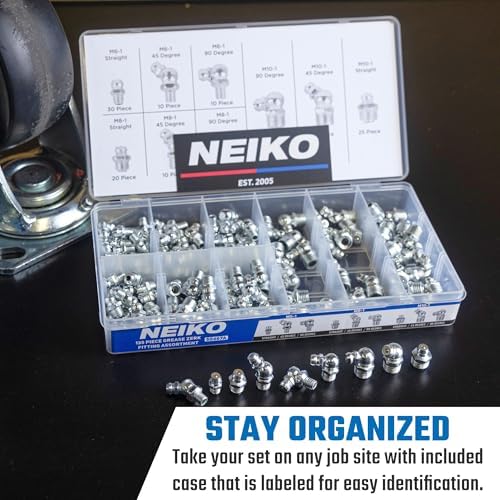 NEIKO 50467A Grease Fitting Assortment, 135 Piece, Metric, Straight & Angled Zerk Grease Fittings Kit, Zinc Plated A3 Steel, Angled Grease Guns, Mechanical Component Lubrication, M6-1, M8-1 & M10-1.5