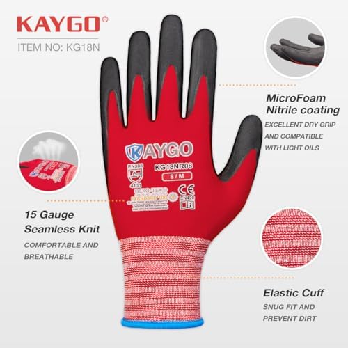 Safety Work Gloves MicroFoam Nitrile Coated-12 Pairs,KAYGO KG18NB,Seamless Knit Nylon Glove with Black Micro-Foam Nitrile Grip,Ideal for General Purpose,Automotive,Home Improvement,Red