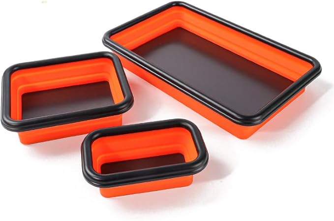 Collapsible Magnetic Parts Tray Set of 3 Different Size, Red Foldable Silicone Tool Trays for Screws, Bolts, Nuts and Other Small Metal Parts (Orange)