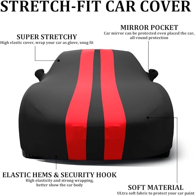 WinPower Indoor Car Cover, Stretch Dustproof Protection Fit 181-192 Inch Sedan Full Car Cover for Underground Garage Car Show, Black and Red