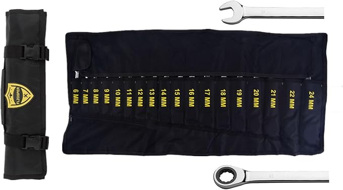 FLZOSPER 18pc. Ratcheting Wrench Set，6-22mm&24mm Metric CR-V Quick Access Spanner with Portable Tool bag