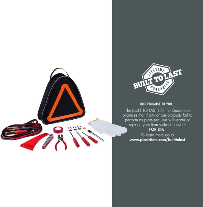 PICNIC TIME NFL Roadside Emergency Car Kit, Auto Vehicle Safety Road Side Assistance with Jumper Cables and Car Tool Kit, (Black with Orange Accents)